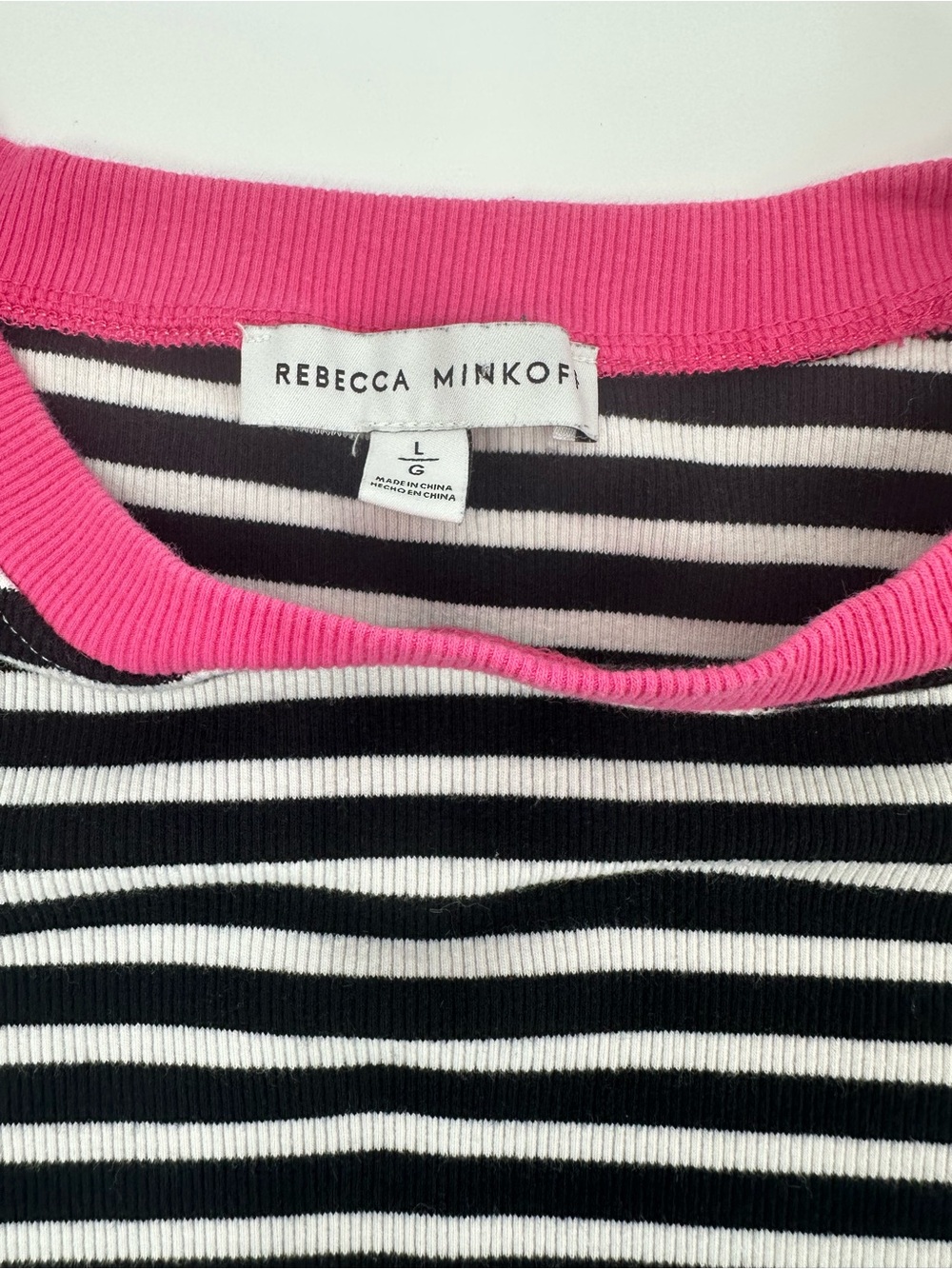 Rebecca Minkoff Ribbed Striped Puff Sleeve Top Large Black White Pink Cotton Str - Picture 8 of 9